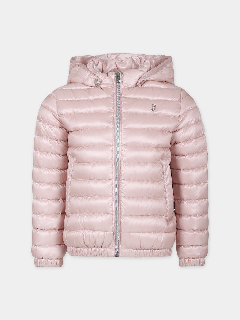 Pink down jacket for girl with logo